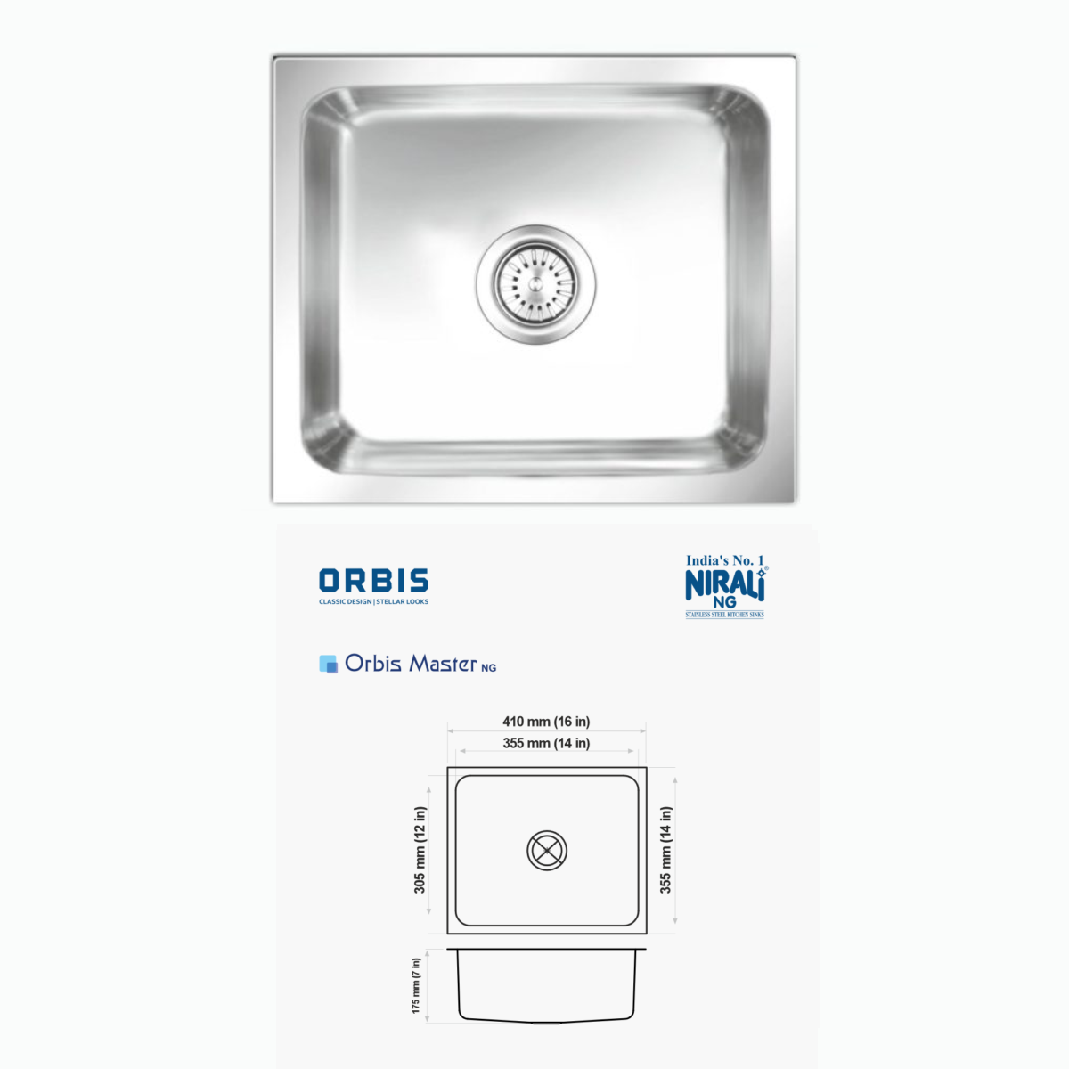 Nirali NG AISI 304 Grade Stainless Steel Single Bowl Kitchen Sink Orbis NG - InArt-Studio