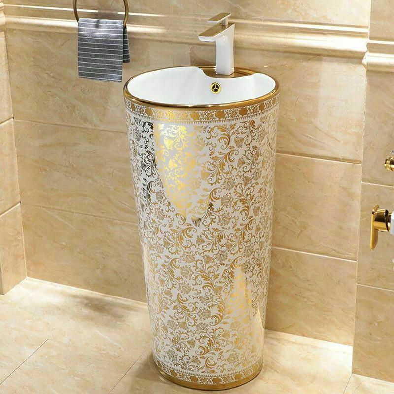 InArt Ceramic Pedestal Free Standing Round Wash Basin Golden 42x42 CM - InArt-Studio